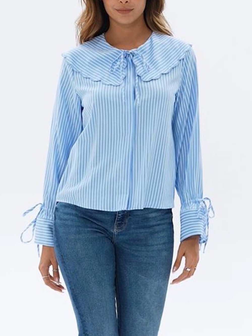 Blue Striped Scalloped Peter Pan Collar Blouse Button Up Cottagecore Peasant Top